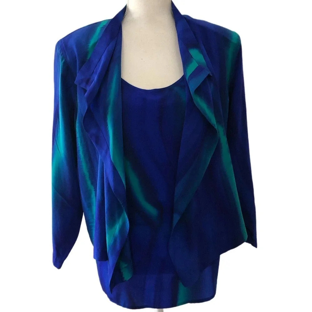 VINTAGE Aliki Yamani Creations Sz S 2 Piece Blouse Tank Cami Set Blue Green Silk